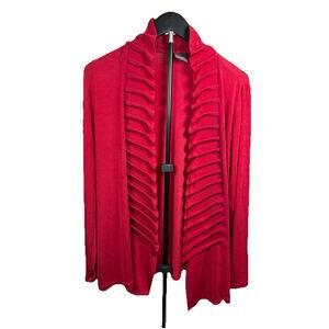 Chico's Travelers Cardigan Size 1 Slinky Knit Red Pleated Collar Open Front 8-10